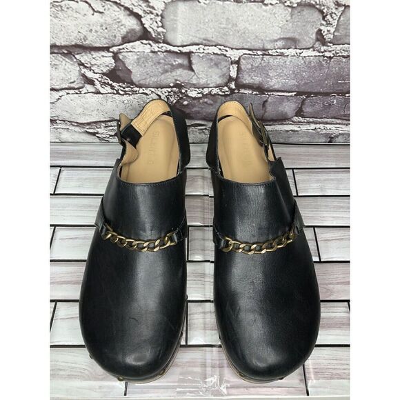 Silent D Georgia Clogs Mules Slingbacks Heeled Black Leather Wood Chain Women 41 - Picture 5 of 16